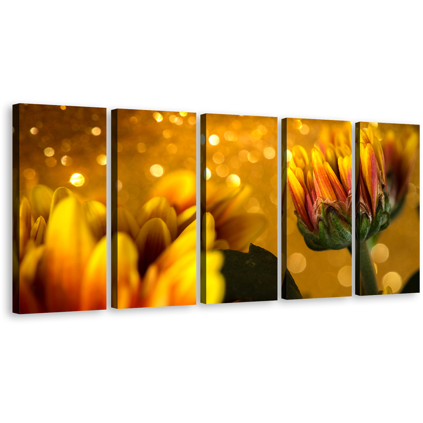 Beautiful Floral Canvas Wall Art, Golden Abstract Flower 5 Piece Canvas, Yellow Chrysanthemum Flowers Canvas Art Print