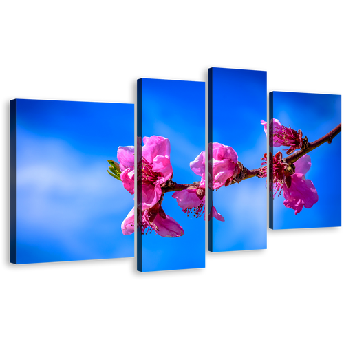 Beautiful Floral Canvas Wall Art, Pink Blossoming Branch 4 Piece Canvas Set, Blue Sky Flowers Canvas Print