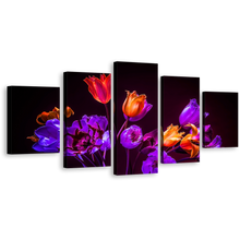 Load image into Gallery viewer, Beautiful Flowers Canvas Wall Art, Purple Orange Tulips Floral 5 Piece Canvas, Blue Tulips Flowers Dark Background Canvas Print
