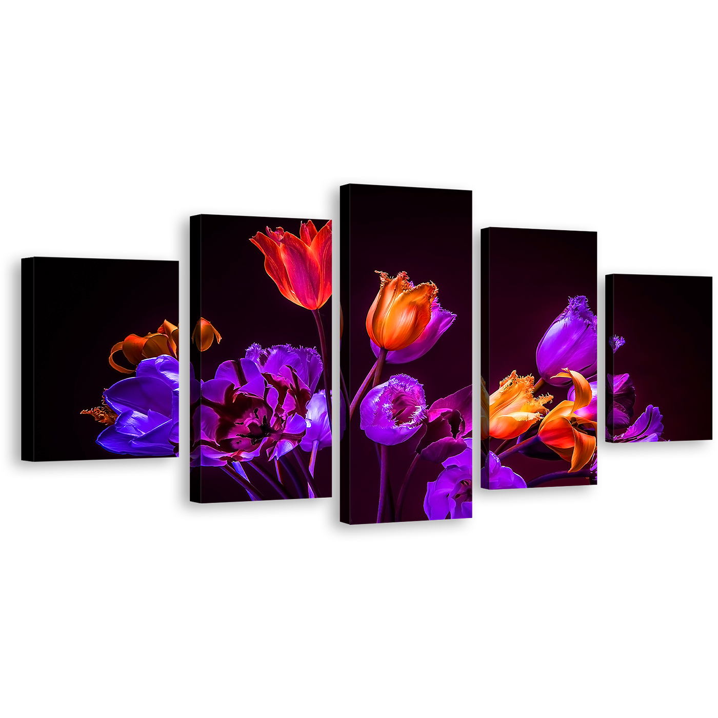 Beautiful Flowers Canvas Wall Art, Purple Orange Tulips Floral 5 Piece Canvas, Blue Tulips Flowers Dark Background Canvas Print