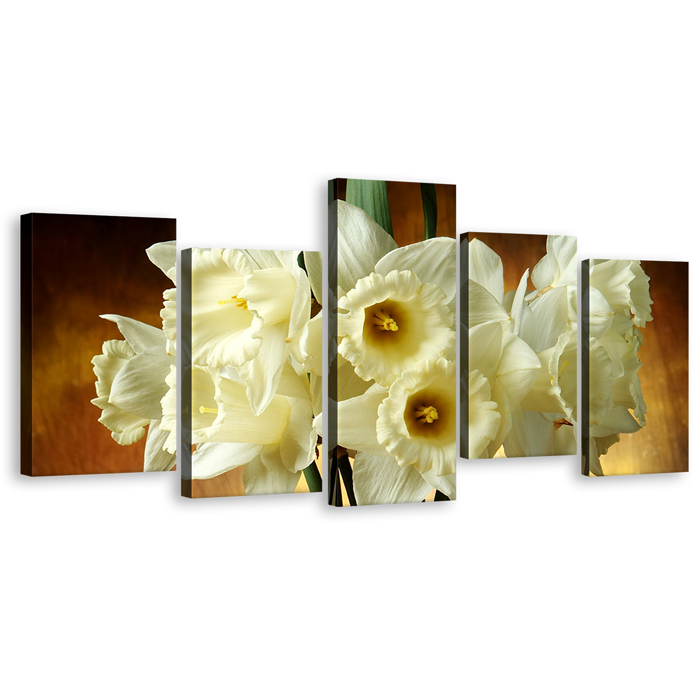 Beautiful Flowers Wall Art, White Tall Bouquet Canvas Print, Brown Background Glass Vase 5 Piece Multiple Canvas