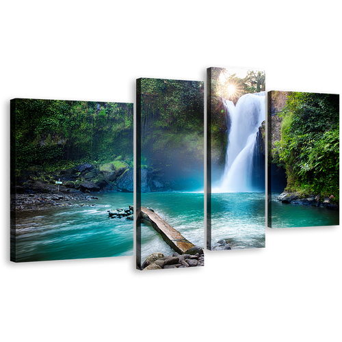 Beautiful Forest Canvas Wall Art, White Waterfall in Deep Forest 4 Piece Canvas Set, Waterfall in Green Jungle Canvas Print