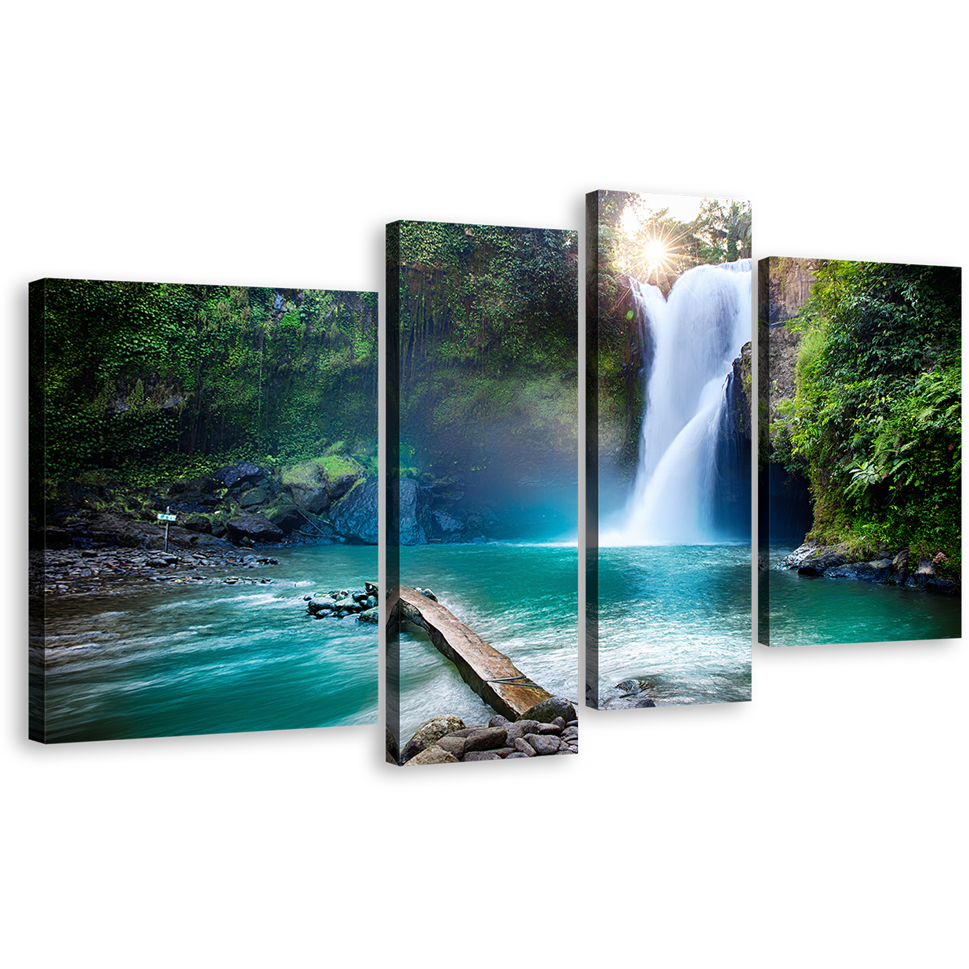 Beautiful Forest Canvas Wall Art, White Waterfall in Deep Forest 4 Piece Canvas Set, Waterfall in Green Jungle Canvas Print