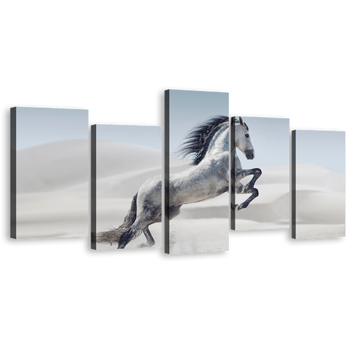 Beautiful Horse Canvas Wall Art, Grey Horse in Nature 5 Piece Canvas Set, Galloping White Wild Horse Canvas Print