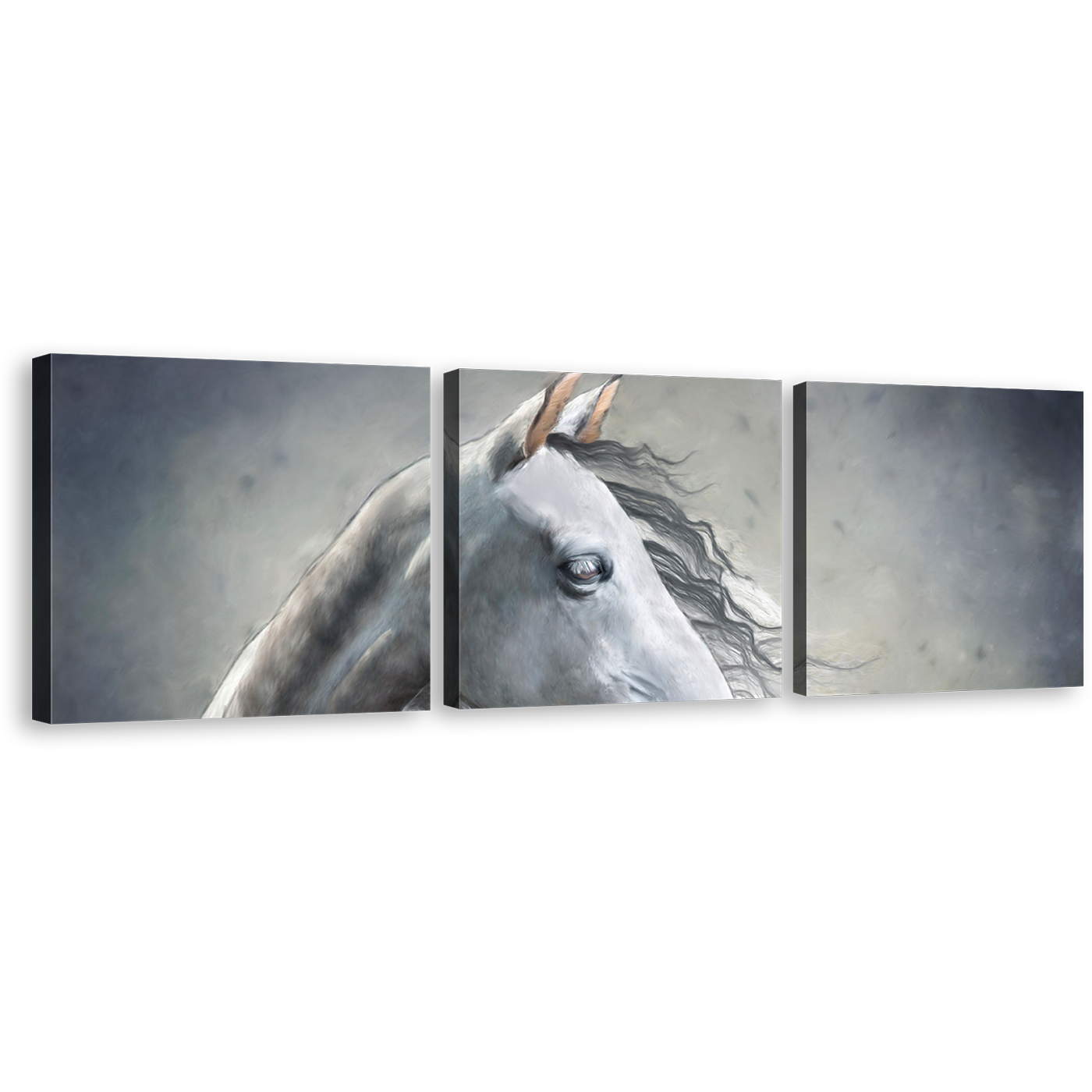 Beautiful Horse Canvas Wall Art, White Grey Horse Portrait 3 Piece Multiple Canvas, Horse Close Up Canvas Print