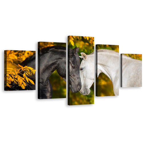 Beautiful Horses Canvas Wall Art, 2 Horses in Autumn Multiple Canvas, Black and White Romantic Horses 5 Piece Canvas Print