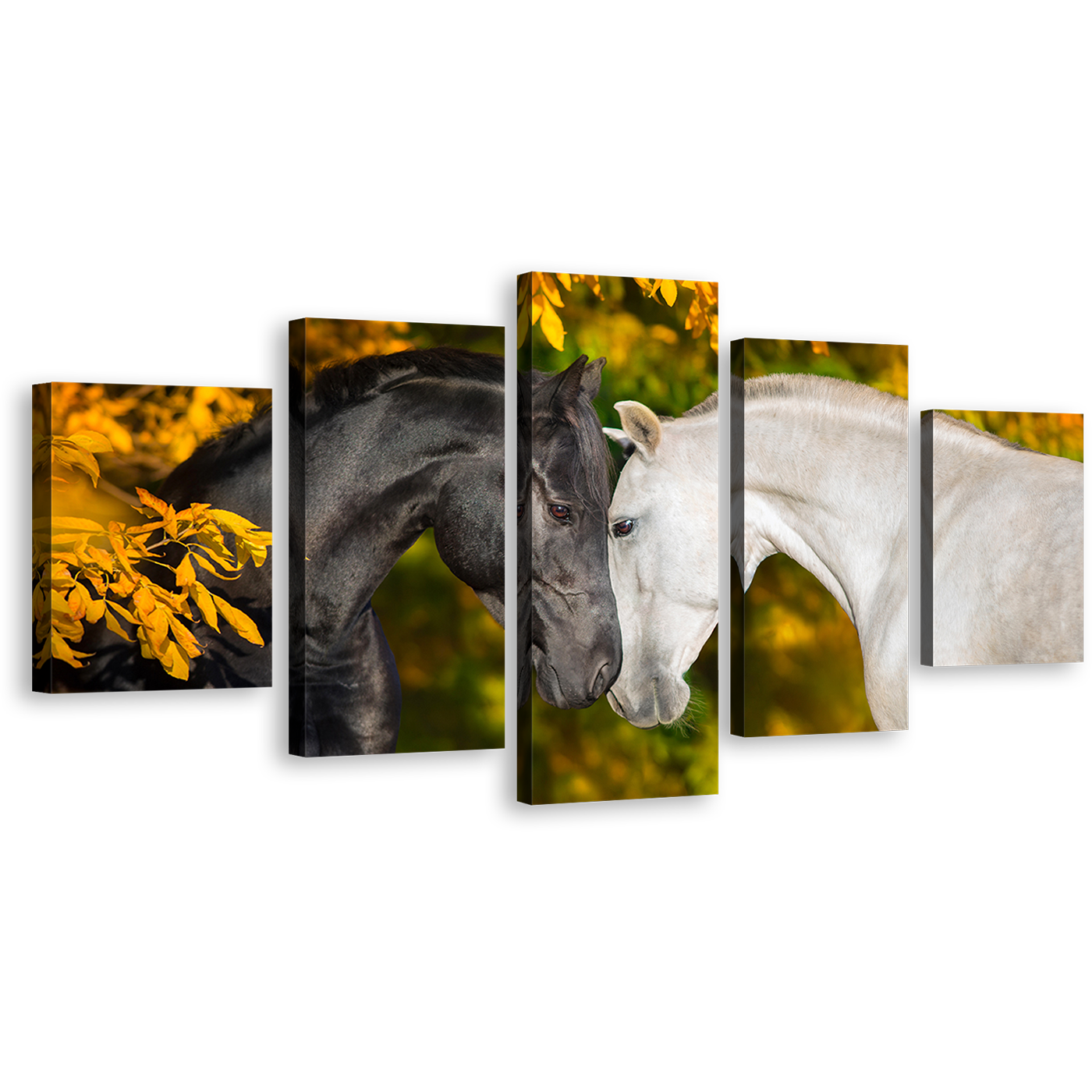 Beautiful Horses Canvas Wall Art, 2 Horses in Autumn Multiple Canvas, Black and White Romantic Horses 5 Piece Canvas Print