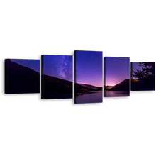 Load image into Gallery viewer, Beautiful Lake Canvas Print, Blue Purple Starry Sky 5 Piece Canvas Print, Milky Way Over Mountain River 5 Piece Wall Art
