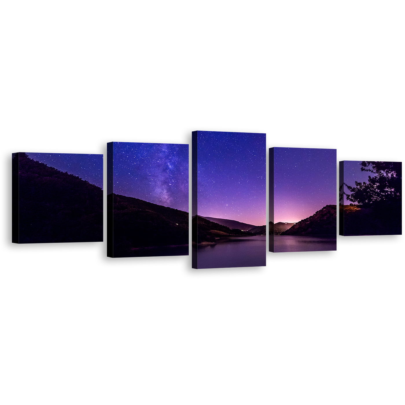 Beautiful Lake Canvas Print, Blue Purple Starry Sky 5 Piece Canvas Print, Milky Way Over Mountain River 5 Piece Wall Art