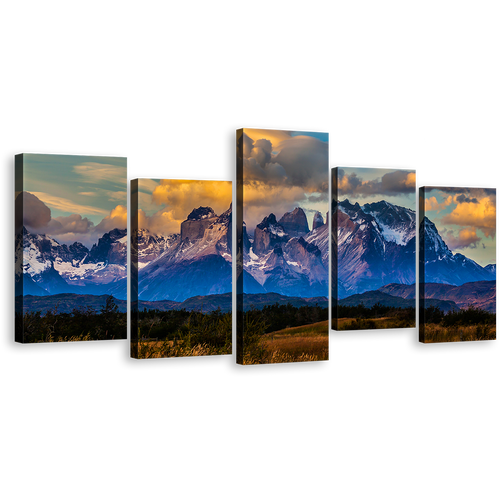 Beautiful Landscape Canvas Print, Blue Mountains Clouds Torres del Paine National Park Wall Art, Green Los Cuernos Scenery 5 Piece Multi Canvas