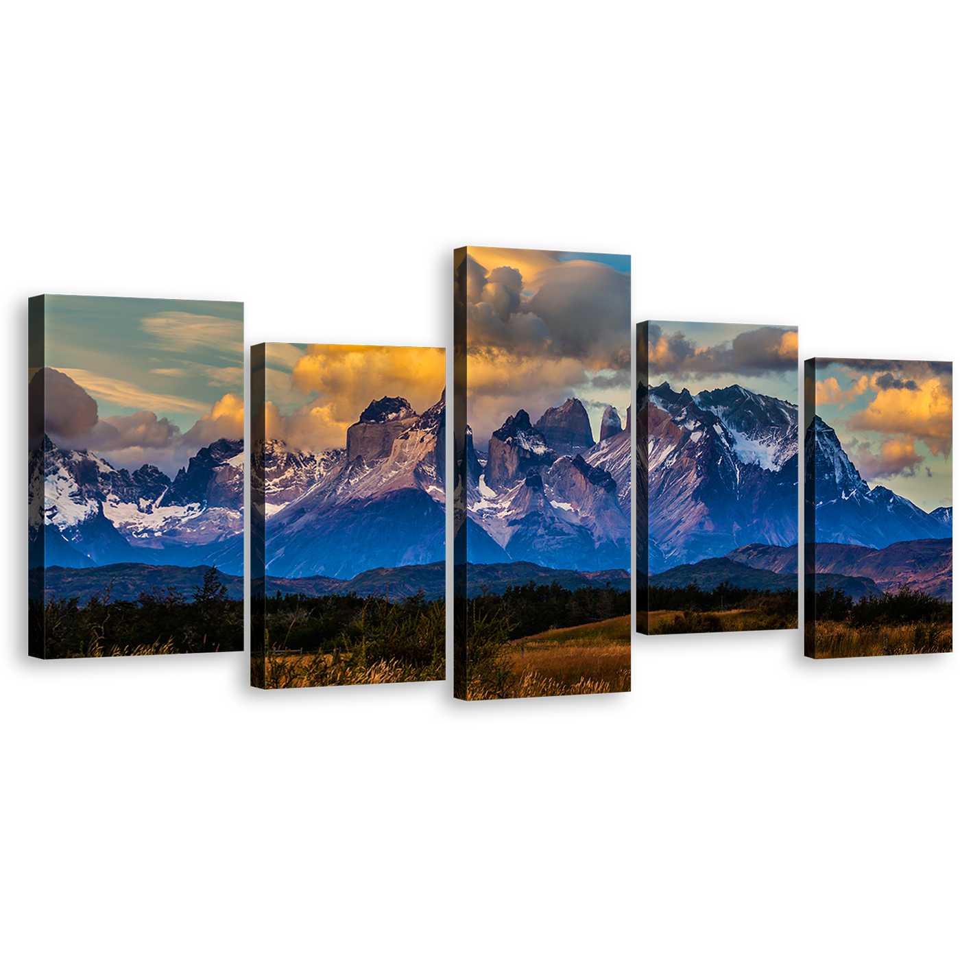 Beautiful Landscape Canvas Print, Blue Mountains Clouds Torres del Paine National Park Wall Art, Green Los Cuernos Scenery 5 Piece Multi Canvas