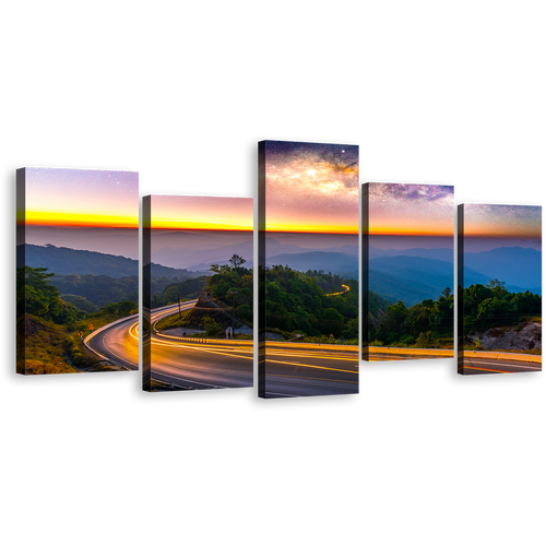 Beautiful Landscape Canvas Wall Art, Blue Mountains Milky Way 5 Piece Canvas Print, Yellow Sunset Abstract Highway Mountain Canvas Print