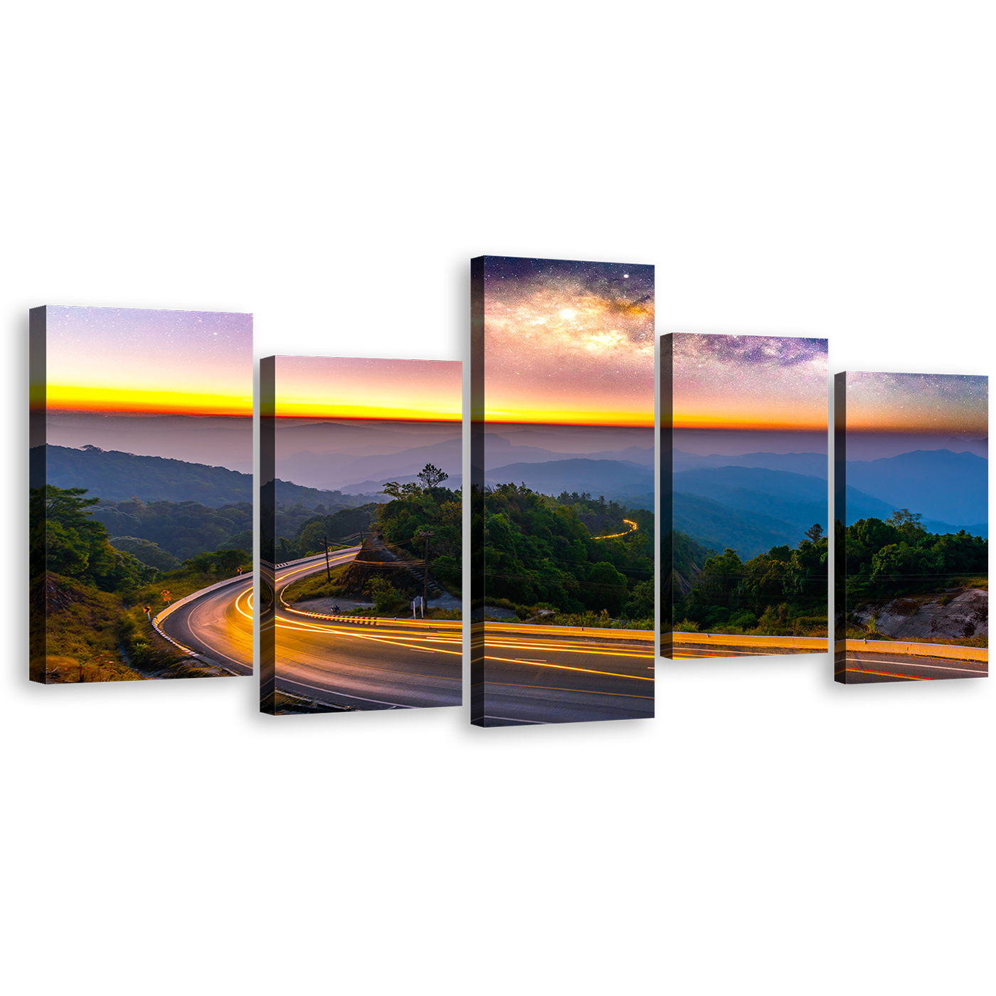 Beautiful Landscape Canvas Wall Art, Blue Mountains Milky Way 5 Piece Canvas Print, Yellow Sunset Abstract Highway Mountain Canvas Print