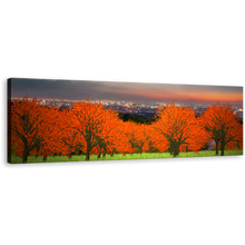 Load image into Gallery viewer, Beautiful Landscape Wall Art, Orange Trees Panoramic Canvas Print, Cloudy Grey Sky Cityscape Canvas Art
