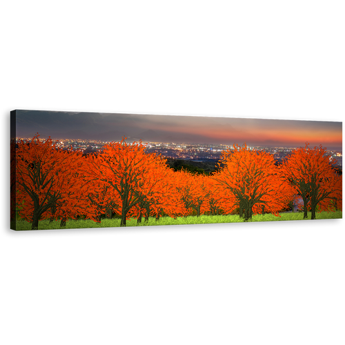 Beautiful Landscape Wall Art, Orange Trees Panoramic Canvas Print, Cloudy Grey Sky Cityscape Canvas Art