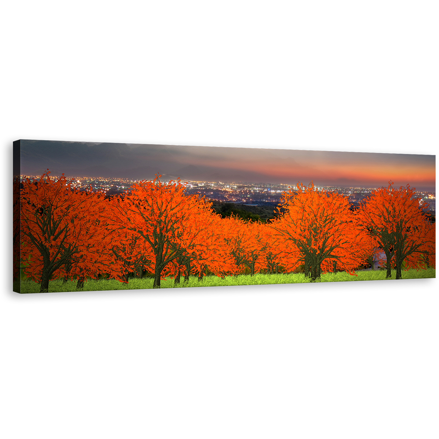 Beautiful Landscape Wall Art, Orange Trees Panoramic Canvas Print, Cloudy Grey Sky Cityscape Canvas Art