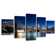 Load image into Gallery viewer, Beautiful Manhattan Canvas Wall Art, Black New York Cityscape Multi Canvas Artwork, Brooklyn Bridge at Blue Sky 5 Piece Canvas Print
