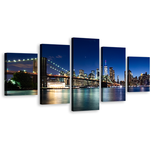 Beautiful Manhattan Canvas Wall Art, Black New York Cityscape Multi Canvas Artwork, Brooklyn Bridge at Blue Sky 5 Piece Canvas Print