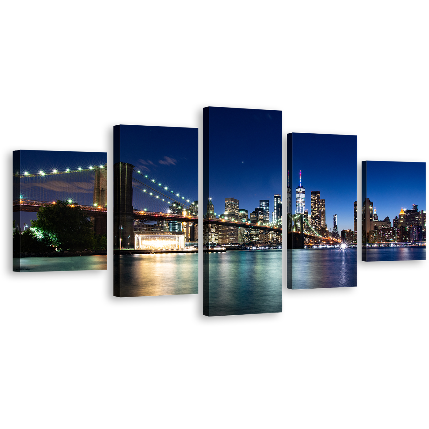 Beautiful Manhattan Canvas Wall Art, Black New York Cityscape Multi Canvas Artwork, Brooklyn Bridge at Blue Sky 5 Piece Canvas Print