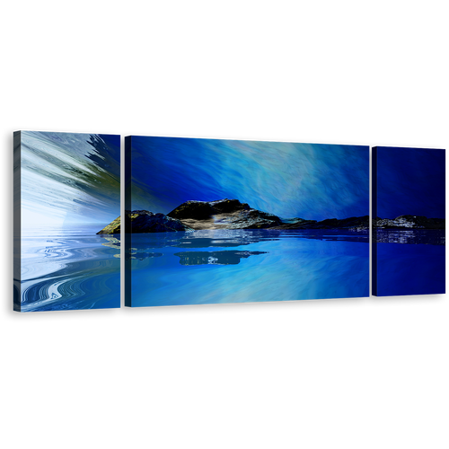 Beautiful Mountain Canvas Wall Art, Calm Dark Blue Ocean Landscape 3 Piece Canvas Multi-panel Print