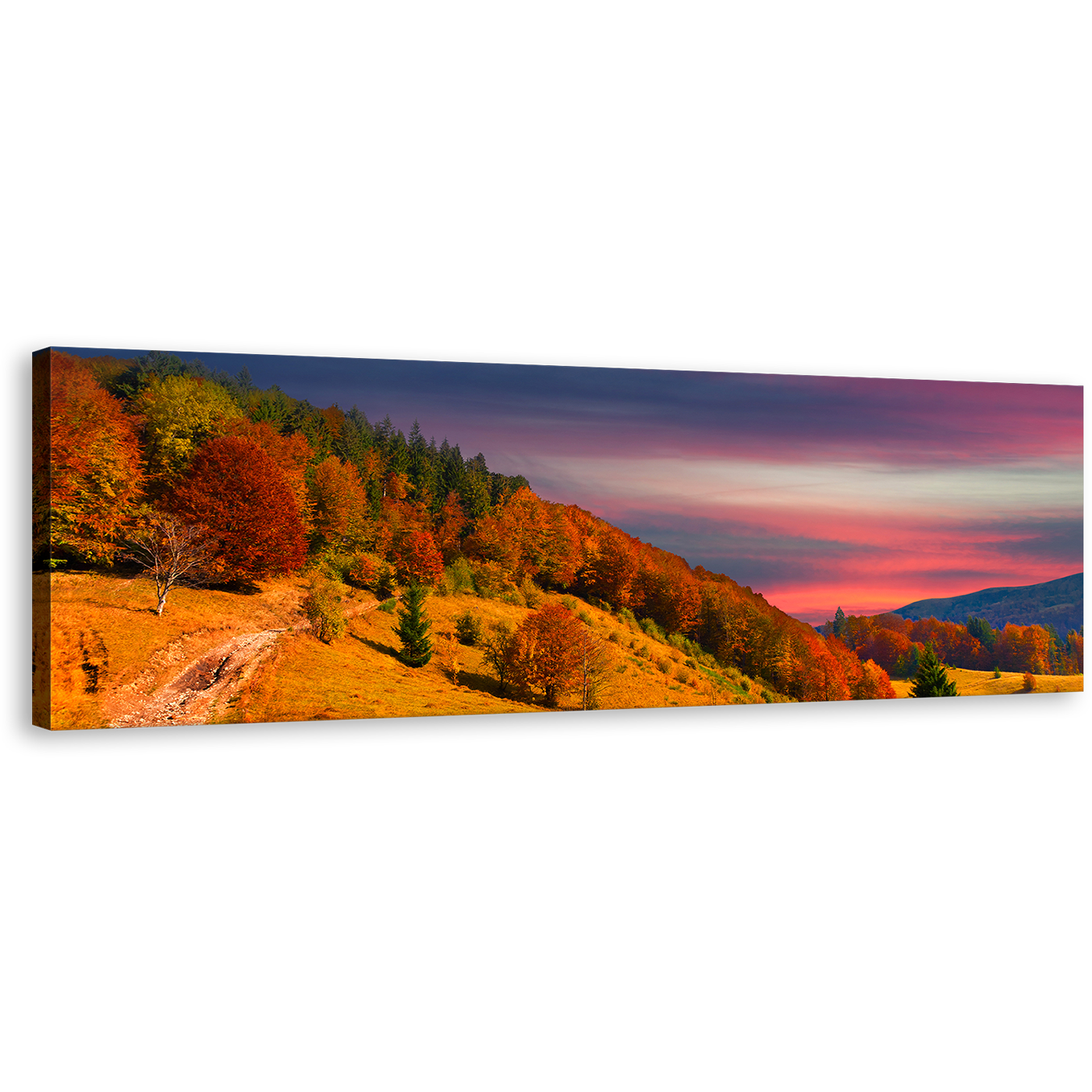 Beautiful Mountain Canvas Wall Art, Colorful Autumn Scenery Canvas Artwork, Orange Mountains Trees Canvas Print, Blue Sky Clouds Landscape Panoramic Canvas