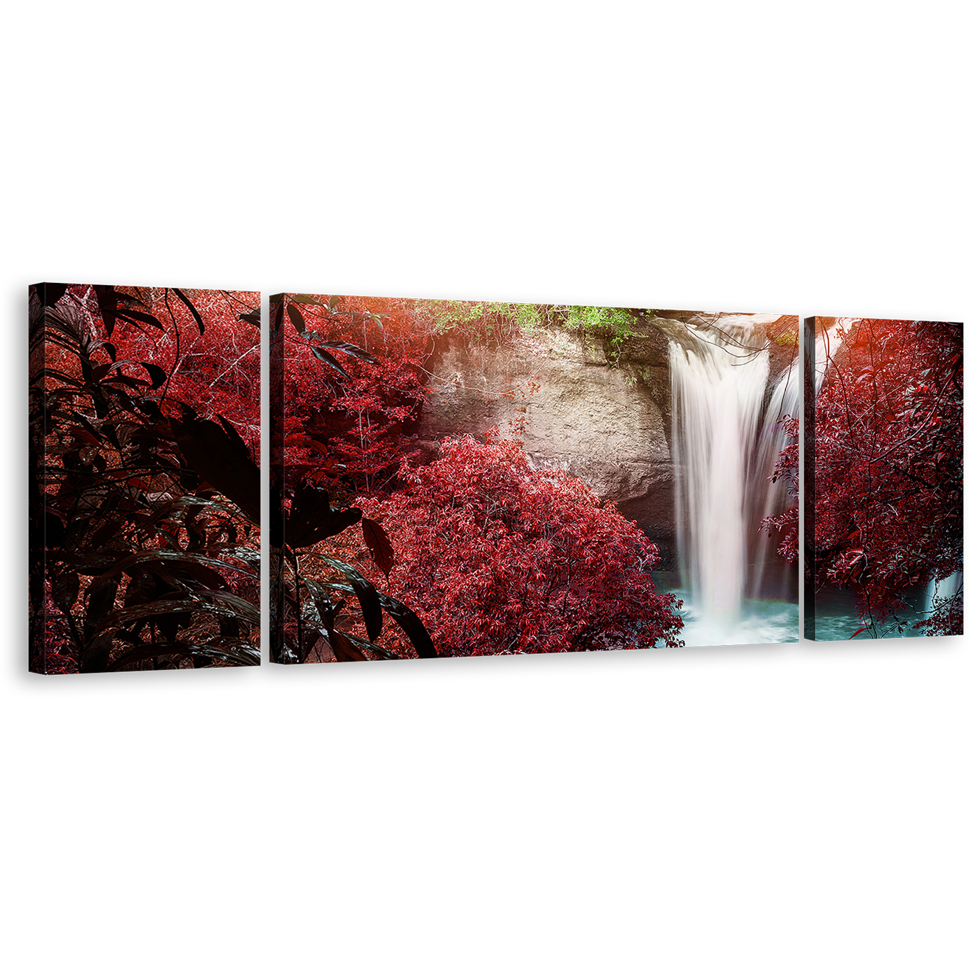 Beautiful Nature Canvas Wall Art, Amazing Waterfall Scenery 3 Piece Canvas, Red Green Trees Forest Waterfall Canvas Print