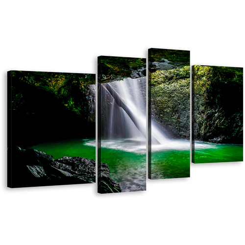 Beautiful Nature Canvas Wall Art, Green Cave Waterfall Scenery 4 Piece Canvas, Natural Bridge Waterfall Canvas Print, White Majestic Waterfall Canvas Set