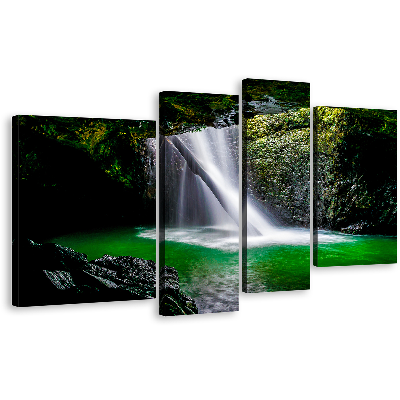 Beautiful Nature Canvas Wall Art, Green Cave Waterfall Scenery 4 Piece Canvas, Natural Bridge Waterfall Canvas Print, White Majestic Waterfall Canvas Set