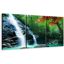 Load image into Gallery viewer, Beautiful Nature Canvas Wall Art, White Rainforest Waterfall 3 Piece Canvas Print, Amazing Green Tropical Forest  Multiple Canvas
