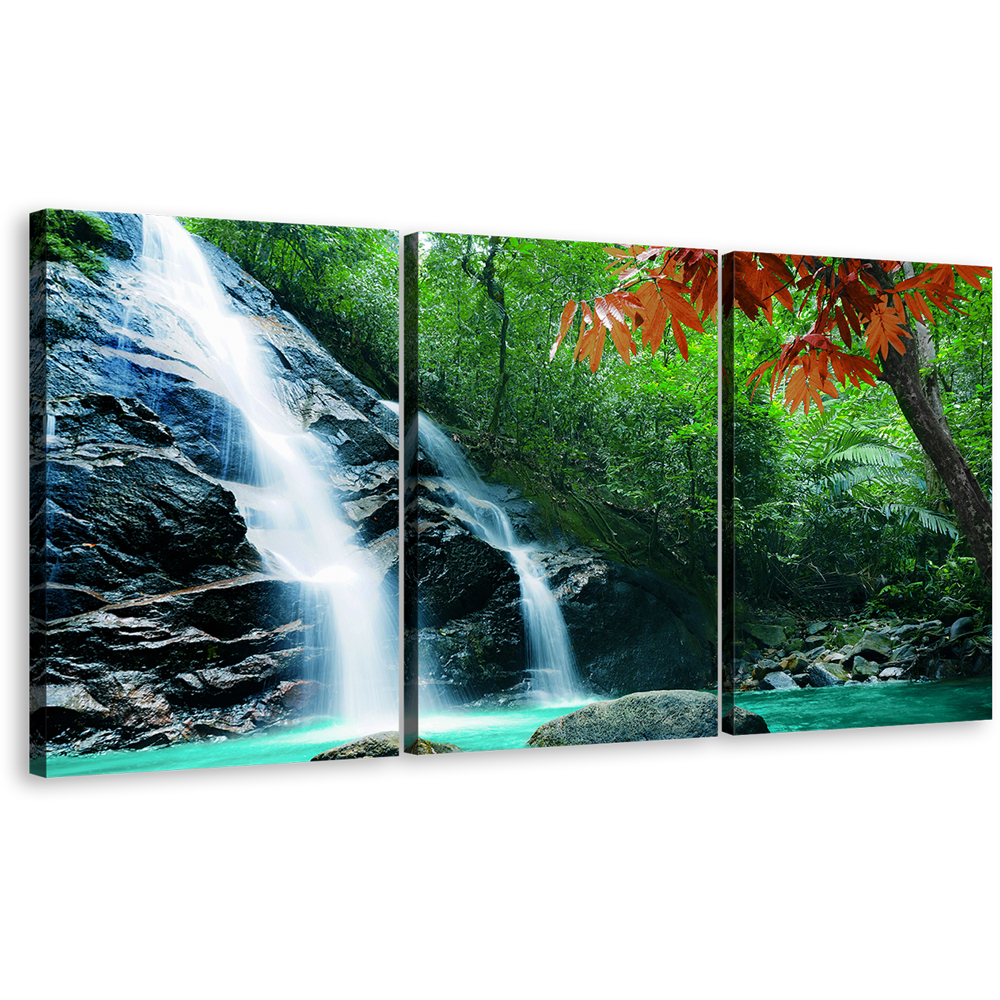 Beautiful Nature Canvas Wall Art, White Rainforest Waterfall 3 Piece Canvas Print, Amazing Green Tropical Forest  Multiple Canvas