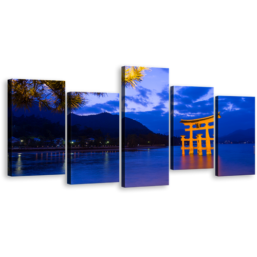 Beautiful Ocean Canvas Print, Blue Ocean Beach 5 Piece Wall Art, Yellow Itsukushima Shrine and Shinto City Multi Canvas