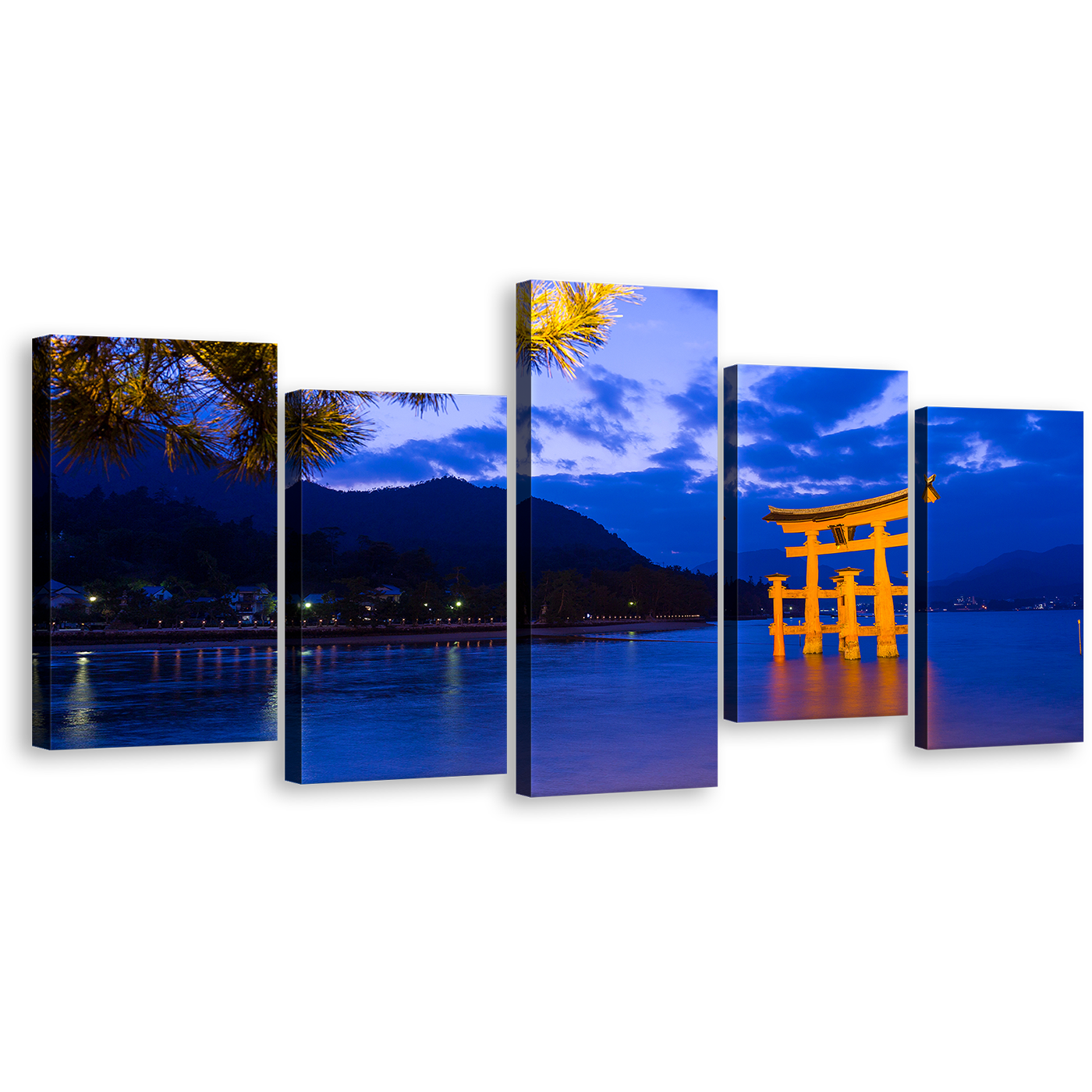 Beautiful Ocean Canvas Print, Blue Ocean Beach 5 Piece Wall Art, Yellow Itsukushima Shrine and Shinto City Multi Canvas