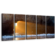 Load image into Gallery viewer, Beautiful Ocean Canvas Print, Blue Sea Dark Cave Wall Art, Yellow Sunlight Streaming Through Ocean Rocks 5 Piece Multiple Canvas
