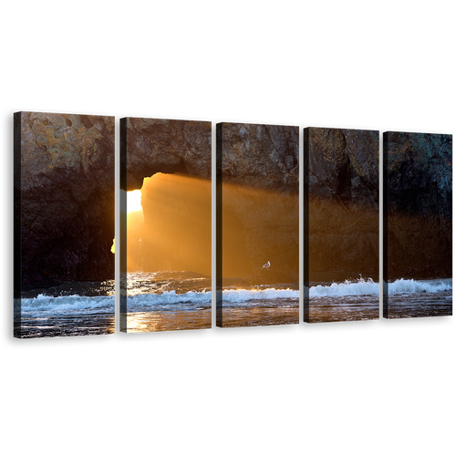 Beautiful Ocean Canvas Print, Blue Sea Dark Cave Wall Art, Yellow Sunlight Streaming Through Ocean Rocks 5 Piece Multiple Canvas