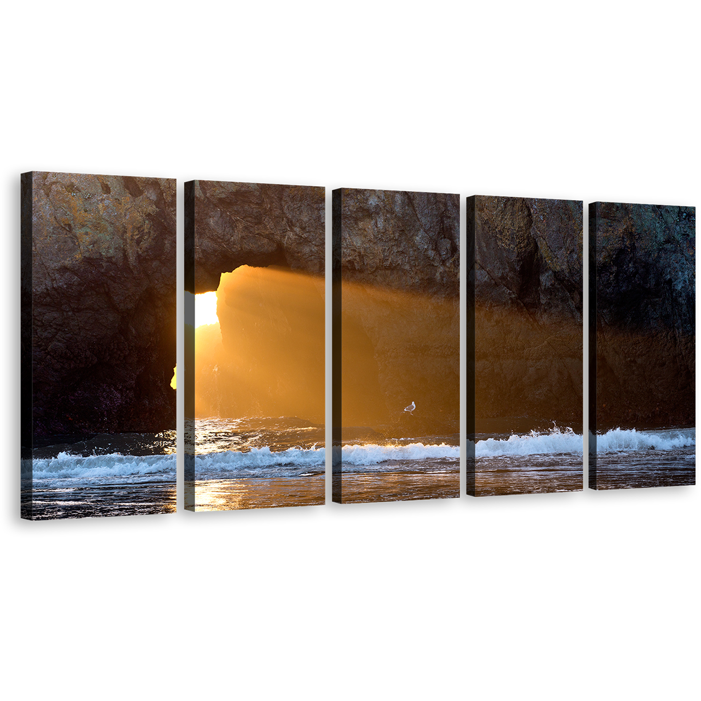 Beautiful Ocean Canvas Print, Blue Sea Dark Cave Wall Art, Yellow Sunlight Streaming Through Ocean Rocks 5 Piece Multiple Canvas