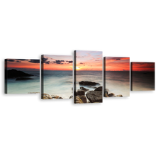 Load image into Gallery viewer, Beautiful Ocean Canvas Print, Brown Ocean Rocks 5 Piece Canvas Wall Art, Red Yellow Cloudy Sky Seascape Multi Canvas
