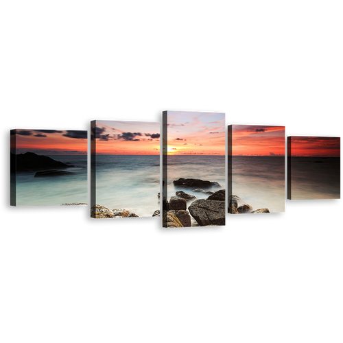 Beautiful Ocean Canvas Print, Brown Ocean Rocks 5 Piece Canvas Wall Art, Red Yellow Cloudy Sky Seascape Multi Canvas