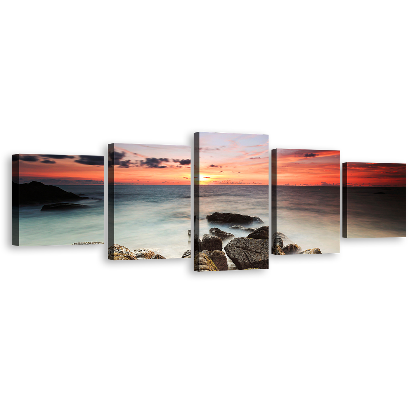 Beautiful Ocean Canvas Print, Brown Ocean Rocks 5 Piece Canvas Wall Art, Red Yellow Cloudy Sky Seascape Multi Canvas