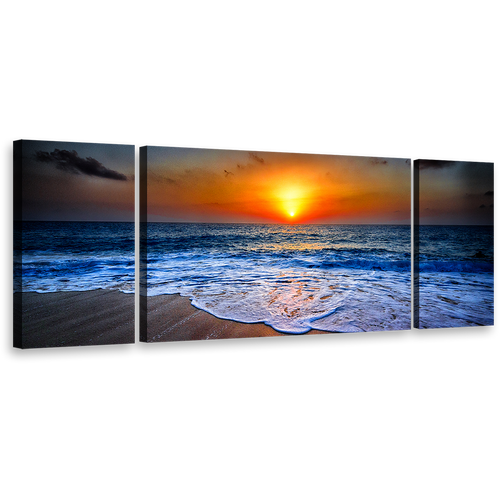 Beautiful Ocean Canvas Print, Orange Ocean Sand Sunset View Canvas Set, Blue Seascape on Dusk 3 Piece Canvas Wall Art