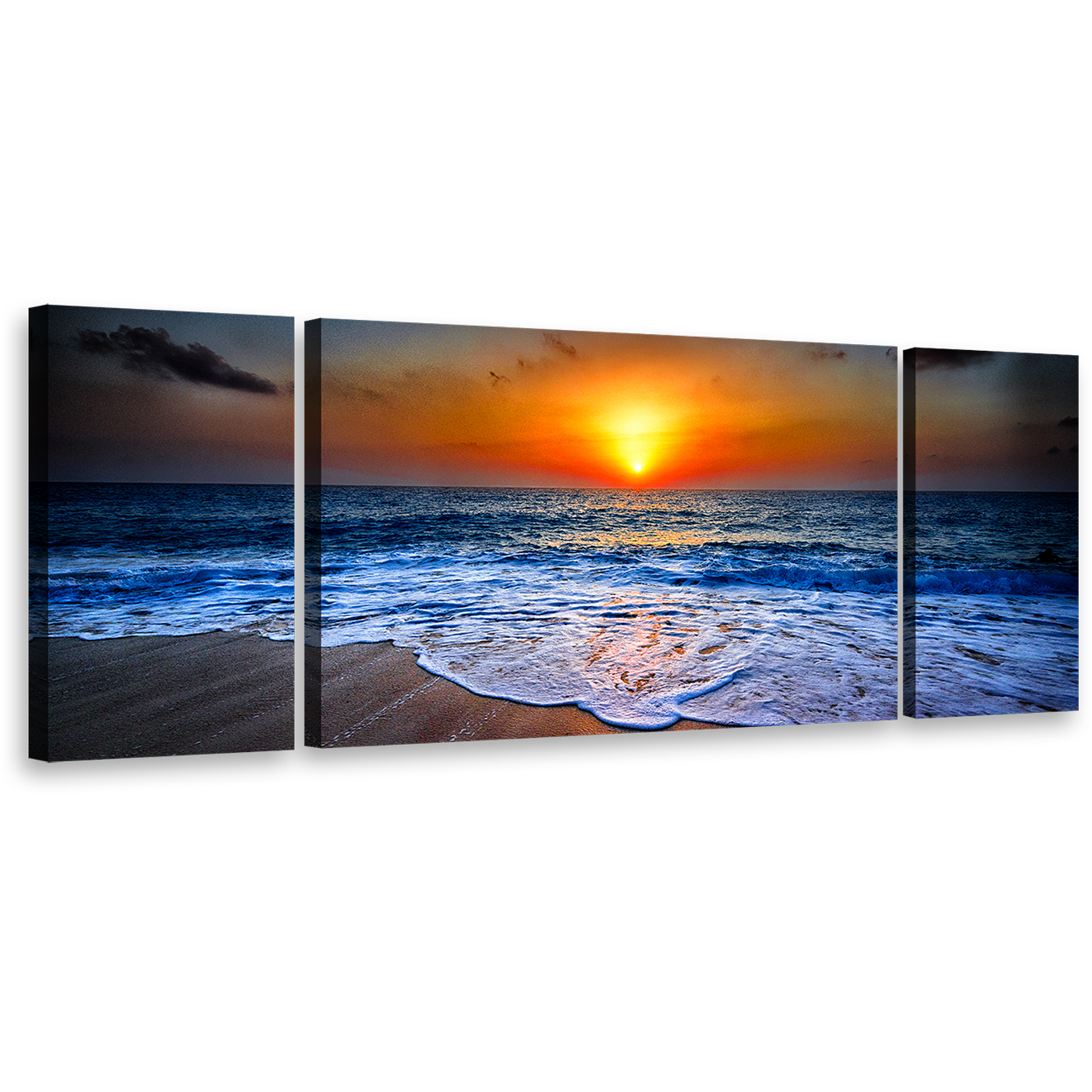 Beautiful Ocean Canvas Print, Orange Ocean Sand Sunset View Canvas Set, Blue Seascape on Dusk 3 Piece Canvas Wall Art