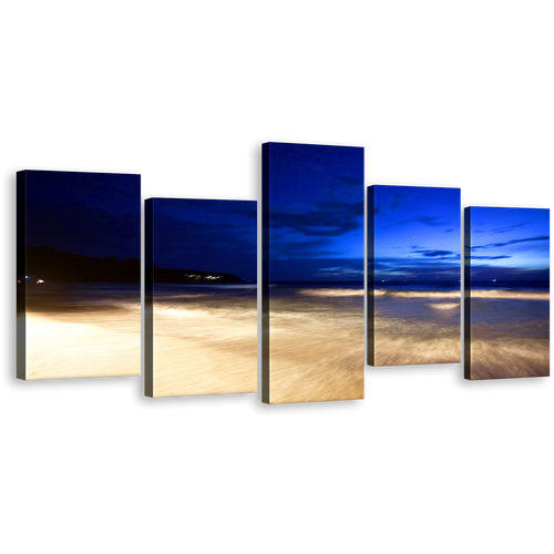 Beautiful Ocean Canvas Print, Thailand Blue Ocean Sky 5 Piece Wall Art, Amazing Yellow Tropical Night Beach Multiple Canvas