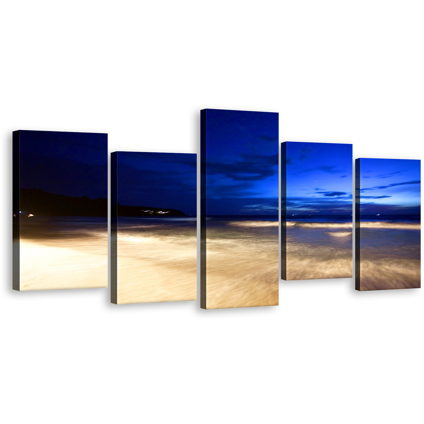 Beautiful Ocean Canvas Print, Thailand Blue Ocean Sky 5 Piece Wall Art, Amazing Yellow Tropical Night Beach Multiple Canvas