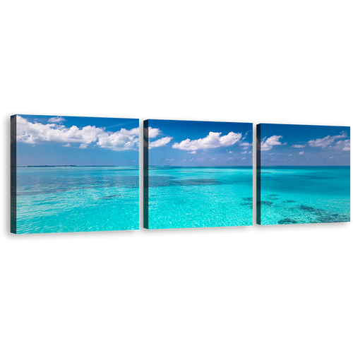 Beautiful Ocean Canvas Wall Art, Blue Ocean Sky 3 Piece Canvas Set, White Clouds Ocean Triptych Canvas Print