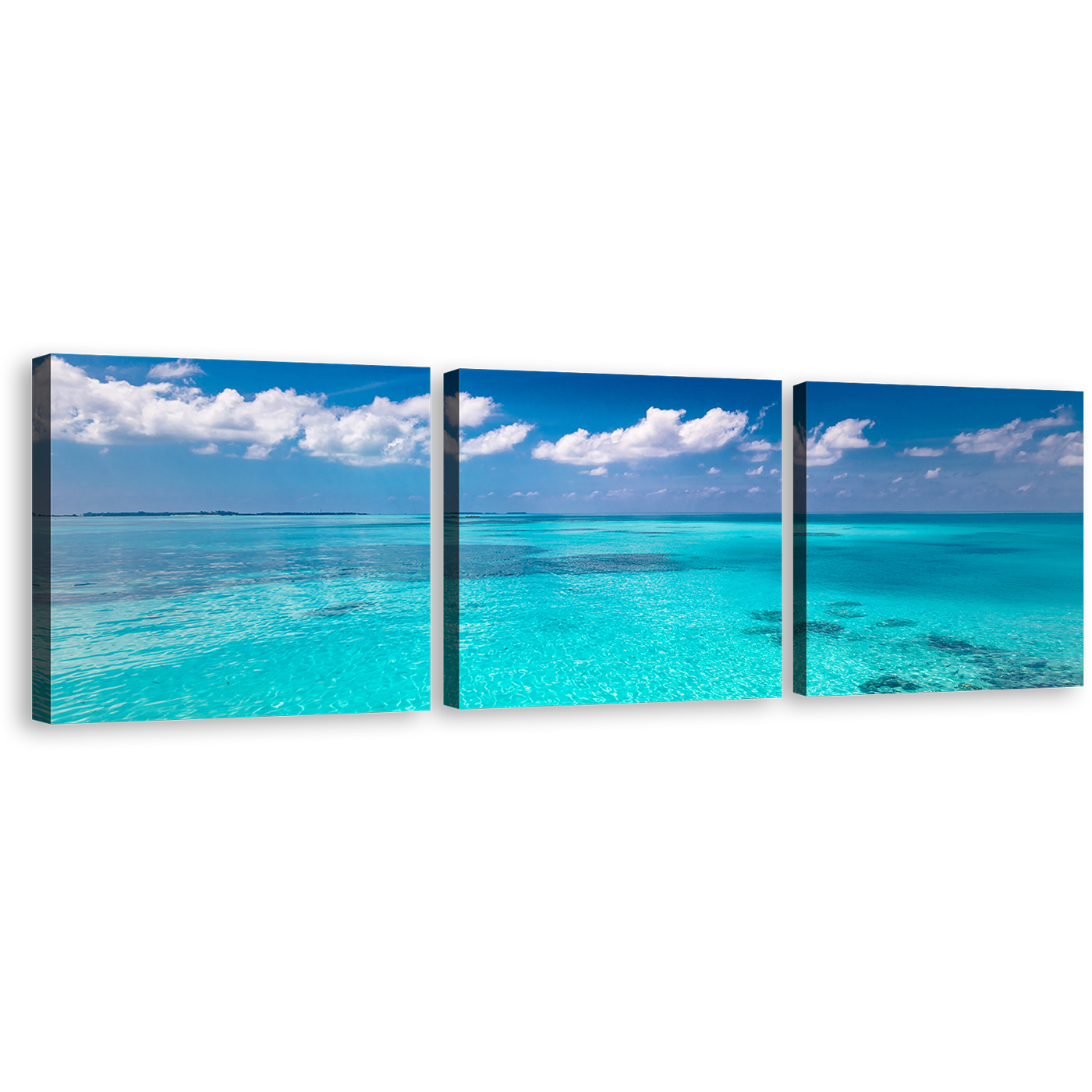 Beautiful Ocean Canvas Wall Art, Blue Ocean Sky 3 Piece Canvas Set, White Clouds Ocean Triptych Canvas Print