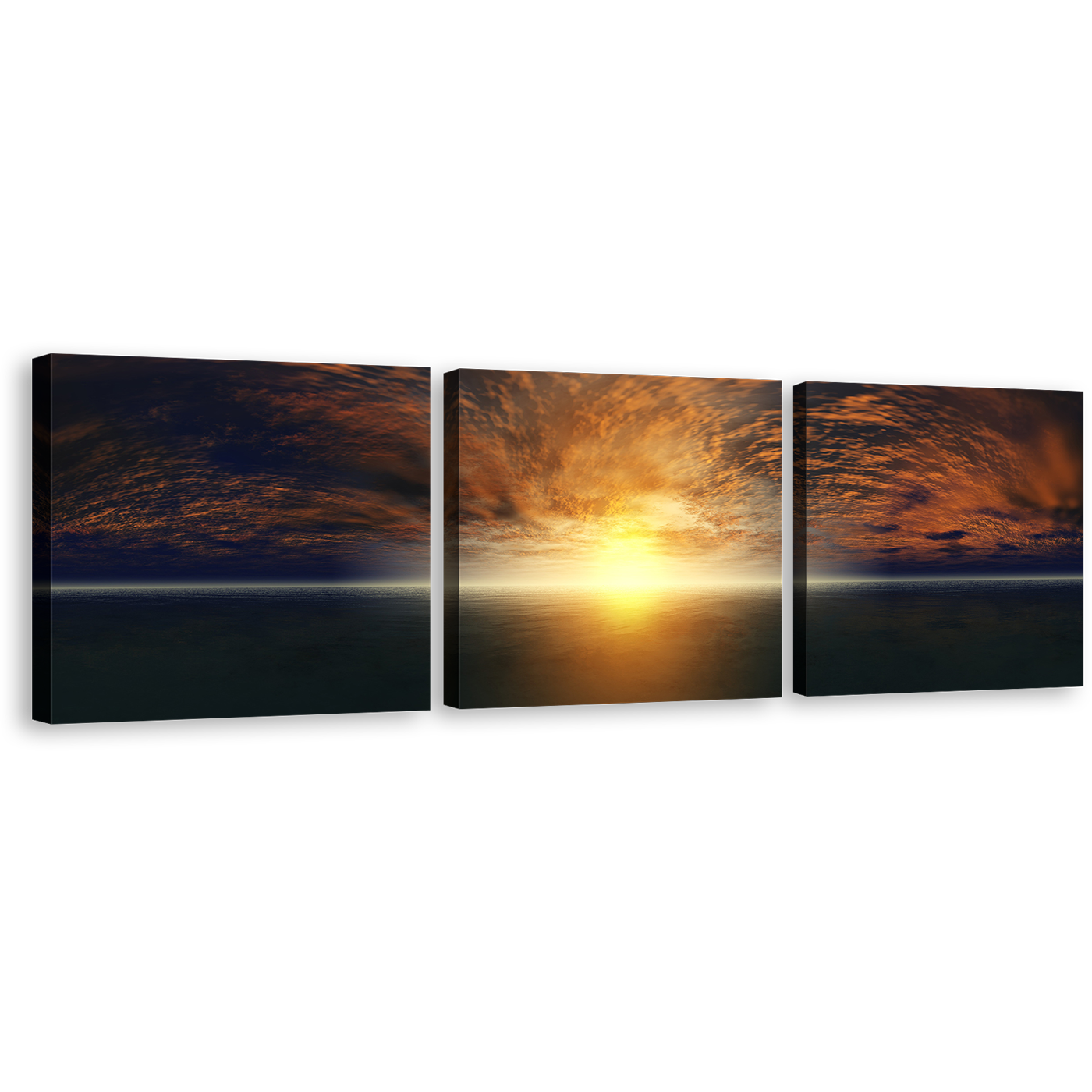 Beautiful Ocean Canvas Wall Art, Blue Sky Ocean Triptych Canvas Print, Dramatic Clouds Yellow Sunset Seascape 3 Piece Canvas