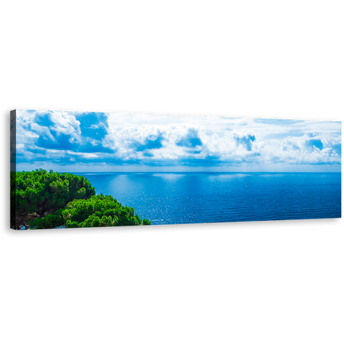 Beautiful Ocean Canvas Wall Art, Coast of the Adriatic Sea 1 Piece Canvas, Blue Clouds Ocean Wide Canvas, Green Trees Seascape Canvas Print