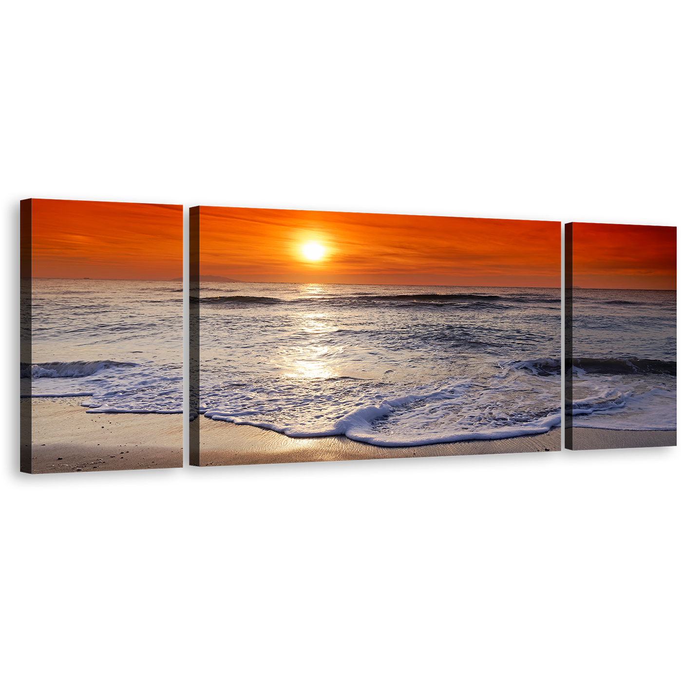 Beautiful Ocean Canvas Wall Art, Corsica Beach 3 Piece Canvas Set, Red Orange Ocean Sky Triptych Canvas Print