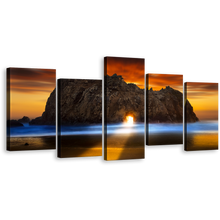 Load image into Gallery viewer, Beautiful Ocean Canvas Wall Art, Orange Sunset Ocean Rocks Canvas Print, Burns State Park Keyhole Rock Canvas Set, Yellow Sunlight Shining Through Rock 5 Piece Canvas
