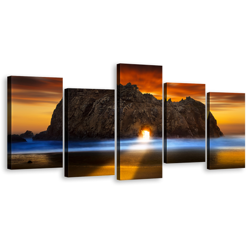 Beautiful Ocean Canvas Wall Art, Orange Sunset Ocean Rocks Canvas Print, Burns State Park Keyhole Rock Canvas Set, Yellow Sunlight Shining Through Rock 5 Piece Canvas