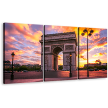 Load image into Gallery viewer, Beautiful Paris Canvas Wall Art, Place de l&#39;Etoile Paris Multi Canvas, Yellow Purple Sunset Sky Canvas Set, Arc de Triomphe 3 Piece Canvas Print
